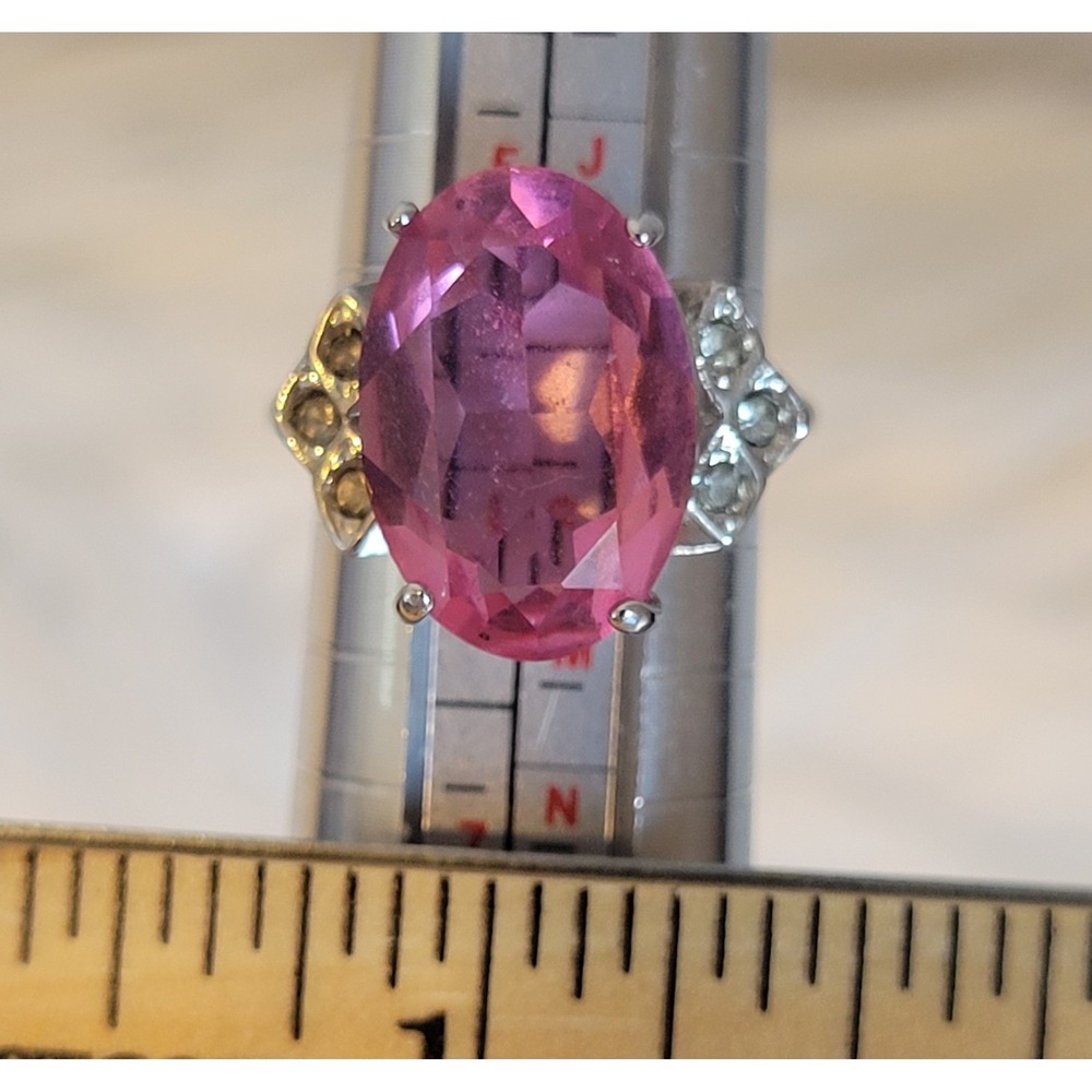 Pink Oval-Cut Gemstone Small Cluster Side Stones 18K GE Size 5.75 Women's Ring - Picture 6 of 8